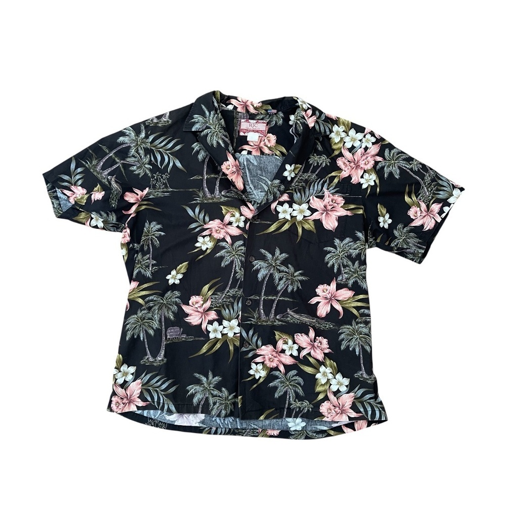 RJC Vintage Hawaiian Shirt 100% Cotton Black Floral Palm XL